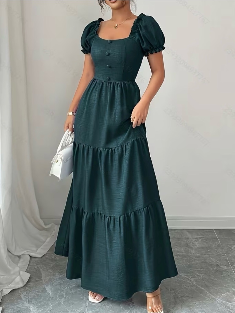 Puff-Sleeve Maxi Dress in Deep Green